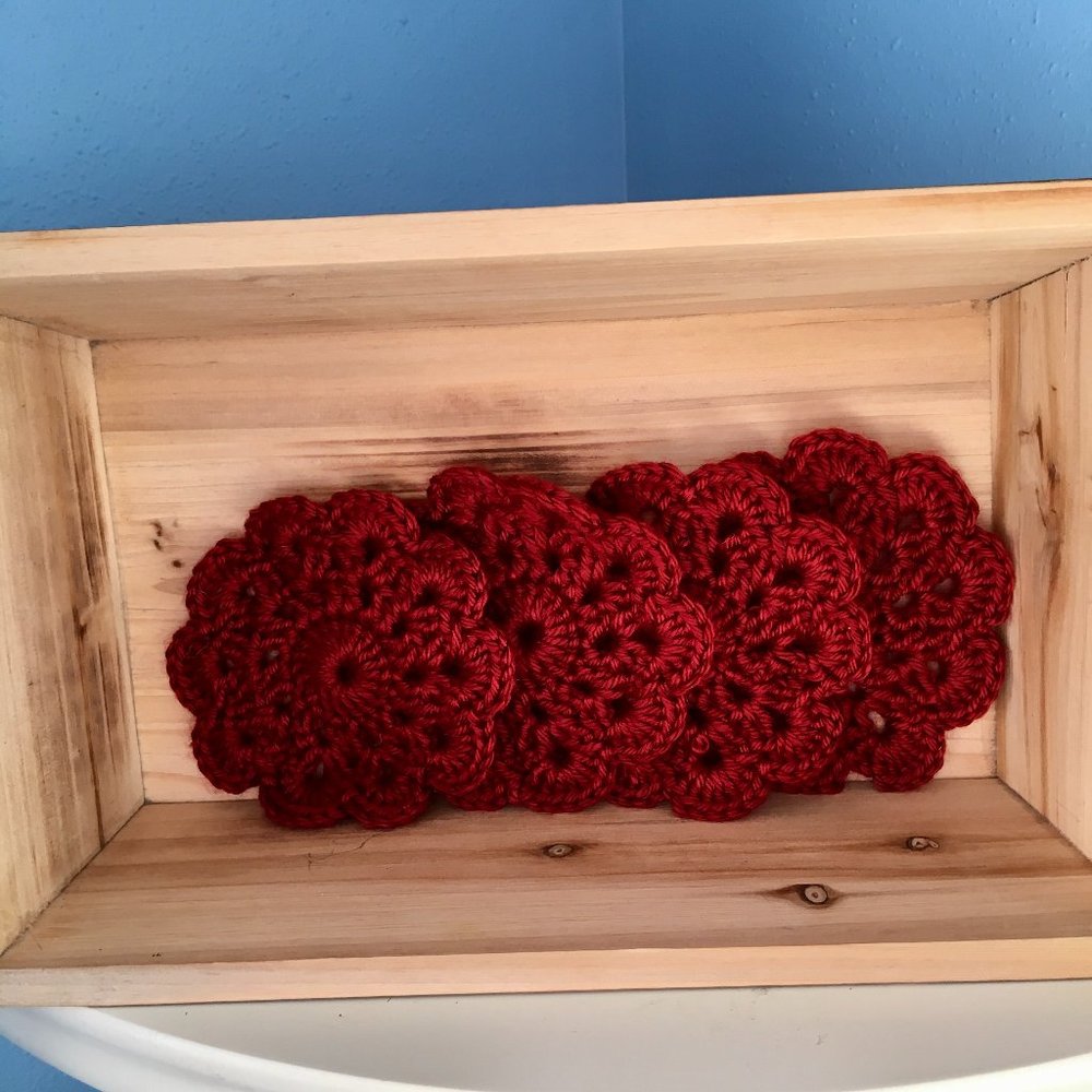 Crochet Flower Coasters, Set of 4, Ready to Ship, Red, Brand New